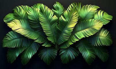Poster - Lush green palm leaves create a vivid, tropical display against a dark background, evoking a sense of exotic nature and tranquility.