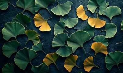 Poster - A close-up of vibrant green and gold Ginkgo leaves scattered on a dark surface, highlighting their unique shapes and autumn hues.