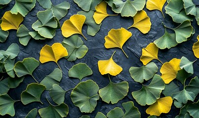 Poster - A vibrant mix of green and yellow ginkgo leaves scattered on a dark surface, showcasing the beauty of nature and fall colors.