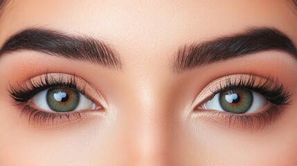 A close-up of captivating green eyes with defined brows and soft makeup, showcasing beauty and elegance.