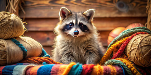 Wall Mural - raccoon is sitting peacefully amidst colorful yarn and cozy blankets, creating warm and inviting atmosphere. playful expression adds charm to this delightful scene