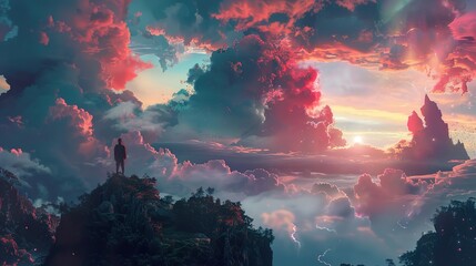 Wall Mural - A Man Stands on a Mountaintop, Gazing at the Sunset Clouds