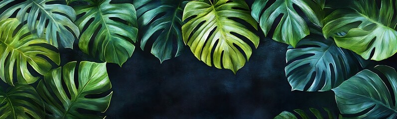 Poster - Lush green leaves create a tropical vibe, blending various shades of green against a dark background.