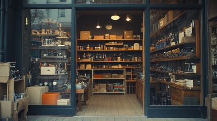 A Store Window Displaying an Array of Tools and Supplies