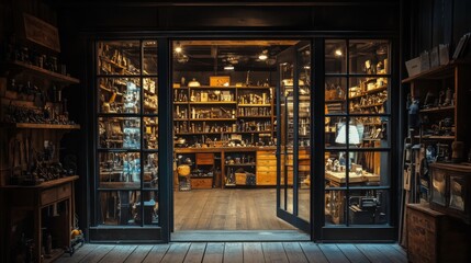 Wall Mural - A Glimpse into an Antique Shop's Interior with Open Glass Doors