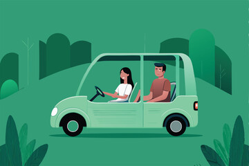 A happy couple takes a leisurely drive in a self-driving electric car through a lush green landscape.