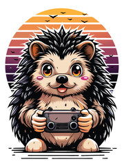 Adorable hedgehog gamer holding a joystick with 80s retro sunset background.