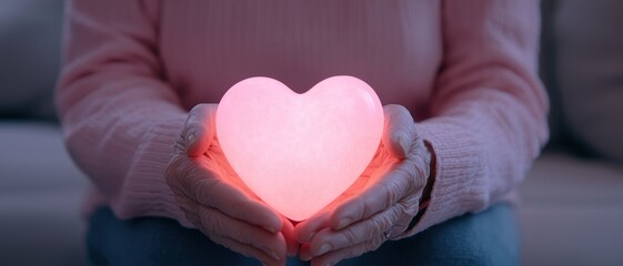 Warm hands holding a glowing heart shape light, conveying love and care in a cozy environment.