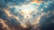 © btiger - Man Ascend Stairway to Heaven in Clouds Towards Light and Godlike Figure in Peaceful Sky