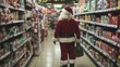 © Postproduction - Santa Claus shopping for Christmas gifts in supermarket aisle filled with holiday merchandise
