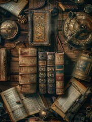 Aufkleber - A collection of ancient books, scrolls, and historical artifacts is arranged on a wooden surface, highlighting their intricate designs and history. Generative AI