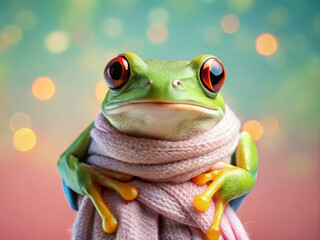 charming frog wearing cozy scarf against pastel background creates whimsical and delightful scene. vibrant colors and playful expression evoke sense of joy and warmth