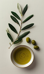 Olive oil, olives and olive branches. AI generative.