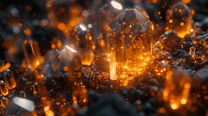 Wall Mural - Abstract Golden Light Rays with Geometric Crystal Shapes in 3D Rendering