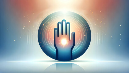 Wall Mural - Flat glossy gradient background with glowing hand icon symbolizing support for Human Rights Day - vector illustration with ample copy space