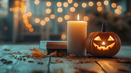 Wall Mural - A candle and Jack-O'-Lantern on a wooden table with a book of lights in the background