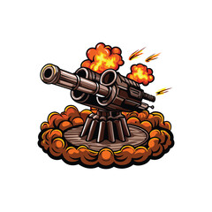 A heavy duty minigun with rotating barrels firing, surrounded by orange smoke and fire.