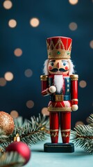 Wall Mural - Festive nutcracker figurine standing on a mint table, with a deep navy background and holiday bokeh, copy space, Merry Christmas background, traditional holiday decor, festive nutcracker display