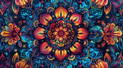 Canvas Print - Intricate floral mandalas filled with vibrant colors create a mesmerizing pattern against a dark backdrop, captivating the viewer's attention. Generative AI