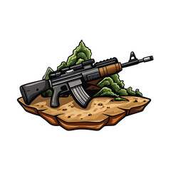 A modern tactical assault rifle with a scope and brown stock laying on a sandy rock with green foliage.