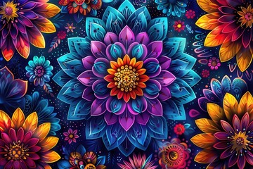 Wall Mural - Colorful floral mandalas create a stunning visual display with detailed patterns that brighten the dark backdrop, captivating the viewer. Generative AI