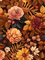 Poster - Rich warm tones of autumn flowers and leaves blend beautifully, displaying the natural colors of the season in a harmonious composition. Generative AI