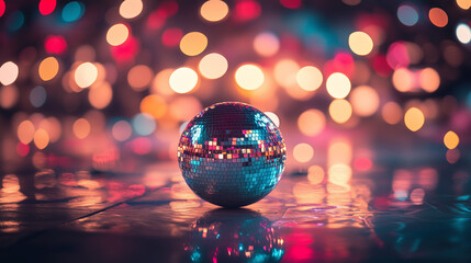 Wall Mural - a silver disco ball reflecting colorful lights on a dance floor, party vibes and celebration concept