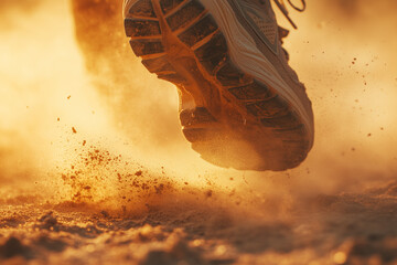 Close-up of a runner's shoe kicking up dust on a dirt path during a sunset run, capturing the dynamic energy of a workout