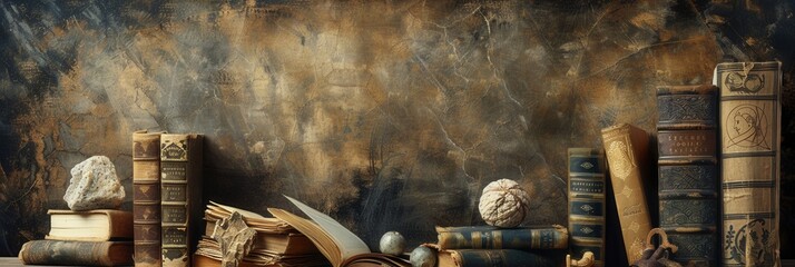 Poster - A collection of ancient books and scrolls rests on a worn table, accompanied by historical artifacts and a textured backdrop. Generative AI