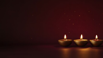 Three brass diyas in a line, resting on a dark burgundy backdrop with a soft gradient and twinkling lights, copy space, happy Diwali background, traditional, Indian festival