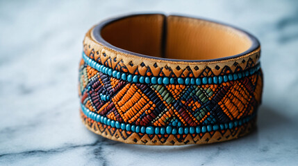 colorful leather bracelet with beaded design  on marble background