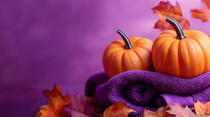 Wall Mural - Purple background, two orange pumpkins, purple towel with autumn leaves