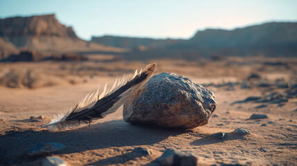 single feather and rock in desert landscape at sunset