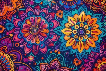 Wall Mural - Brightly colored floral mandalas create a lively tapestry of patterns, bringing joy and artistic flair to any space. Generative AI