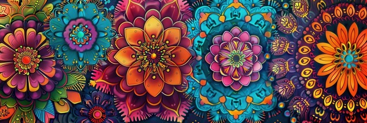 Wall Mural - A collection of floral mandalas in vivid colors, featuring detailed patterns that create a captivating visual tapestry for art enthusiasts. Generative AI