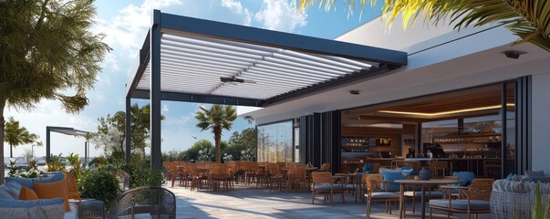 Commercial terrace equipped with a bioclimatic pergola for optimal environmental comfort.