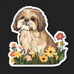 Wall Mural - Shih Tzu Dog Sitting In A Flower Bed Flat Vector Illustration