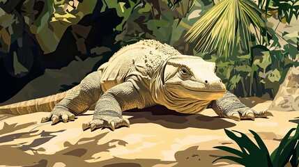 Poster - A large, scaly, reptilian creature with sharp claws rests on a sandy surface, surrounded by lush green foliage.