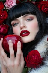 A woman with striking makeup holds a red apple surrounded by lush, vibrant roses, exuding beauty and allure against a floral backdrop.