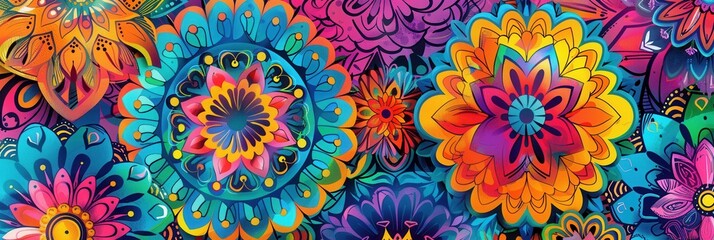 Poster - Brightly colored floral mandalas burst with intricate patterns, celebrating nature's diversity and artistic expression in vivid hues. Generative AI