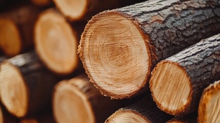 Natural Textures of Stacked Wooden Logs in Close-up Detail for Construction and Environmental Concepts