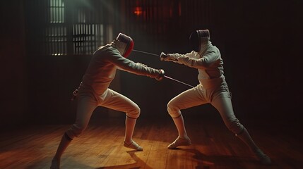 Two Fencing Athletes Clashing Swords in an Intense Duel on the Piste