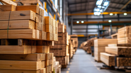 Stacked pine wood planks in a factory setting, showcasing the storage and organization of wooden materials - Concept of modern technology in timber processing and goods production