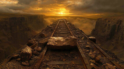 conveyor belt transports rough ore rocks under a moody evening sky, symbolizing the relentless flow of industry and the natural world's raw beauty, juxtaposed in a harmonious yet gritty landscape