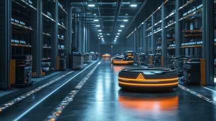 Wall Mural - An automated warehouse featuring robotic carts and drones managing inventory, showcasing a high-tech, futuristic, and seamless operation environment.