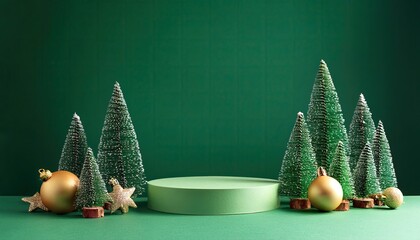 Festive podium with realistic decorations. New Year of green background.