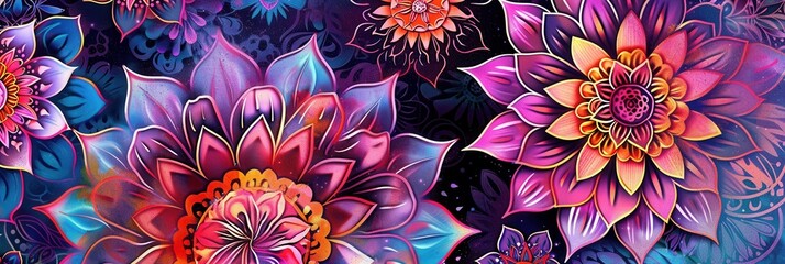 Poster - Brightly colored floral mandalas featuring intricate patterns and designs fill the dark background, offering a dynamic visual experience. Generative AI