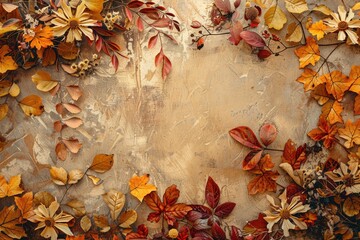 Wall Mural - This artwork features a rich display of vibrant autumn leaves and flowers in warm tones arranged beautifully on a textured surface. Generative AI