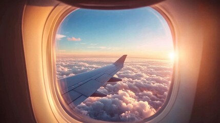 An airplane window showing a breathtaking view of clouds and blue sky, with the wing in the frame.