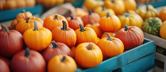 Wall Mural - A close-up shot of a crate overflowing with colorful pumpkins.